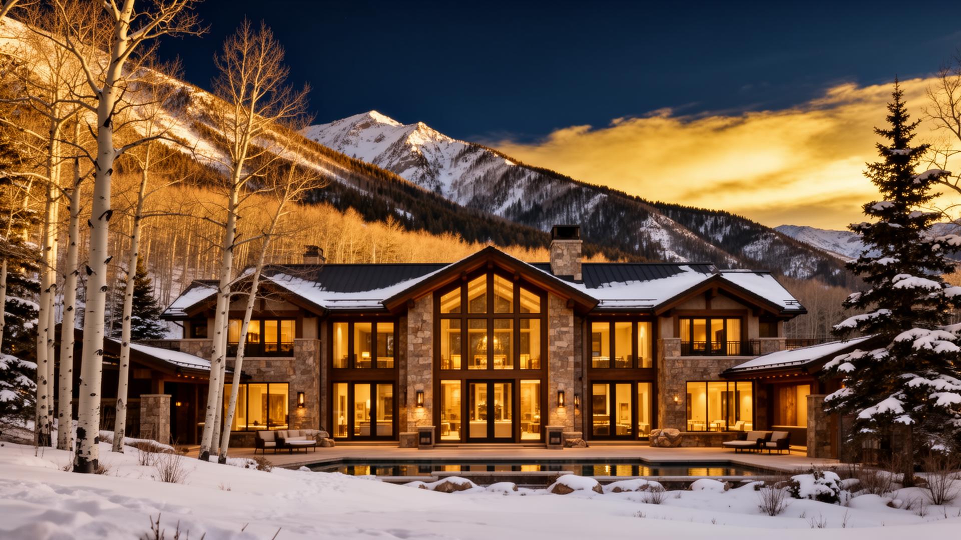 A luxury Aspen estate at golden hour with snowy mountain backdrop