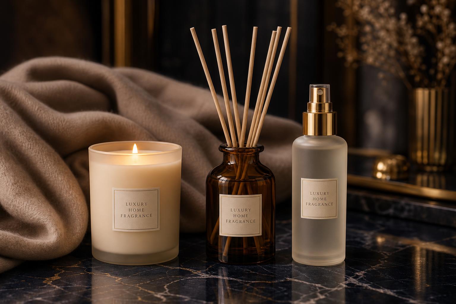 The complete Cashmere & Amber set — candle, diffuser, and linen spray on dark marble